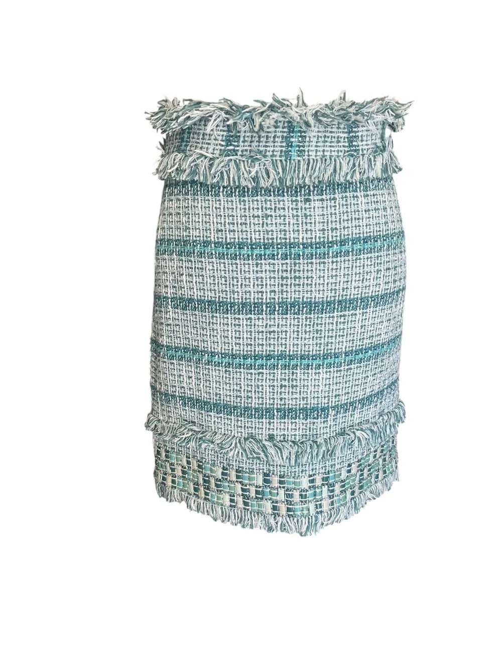 Tory Burch Nora Tweed Fringe Beaded Pencil Skirt Aqua Blue Size 0
